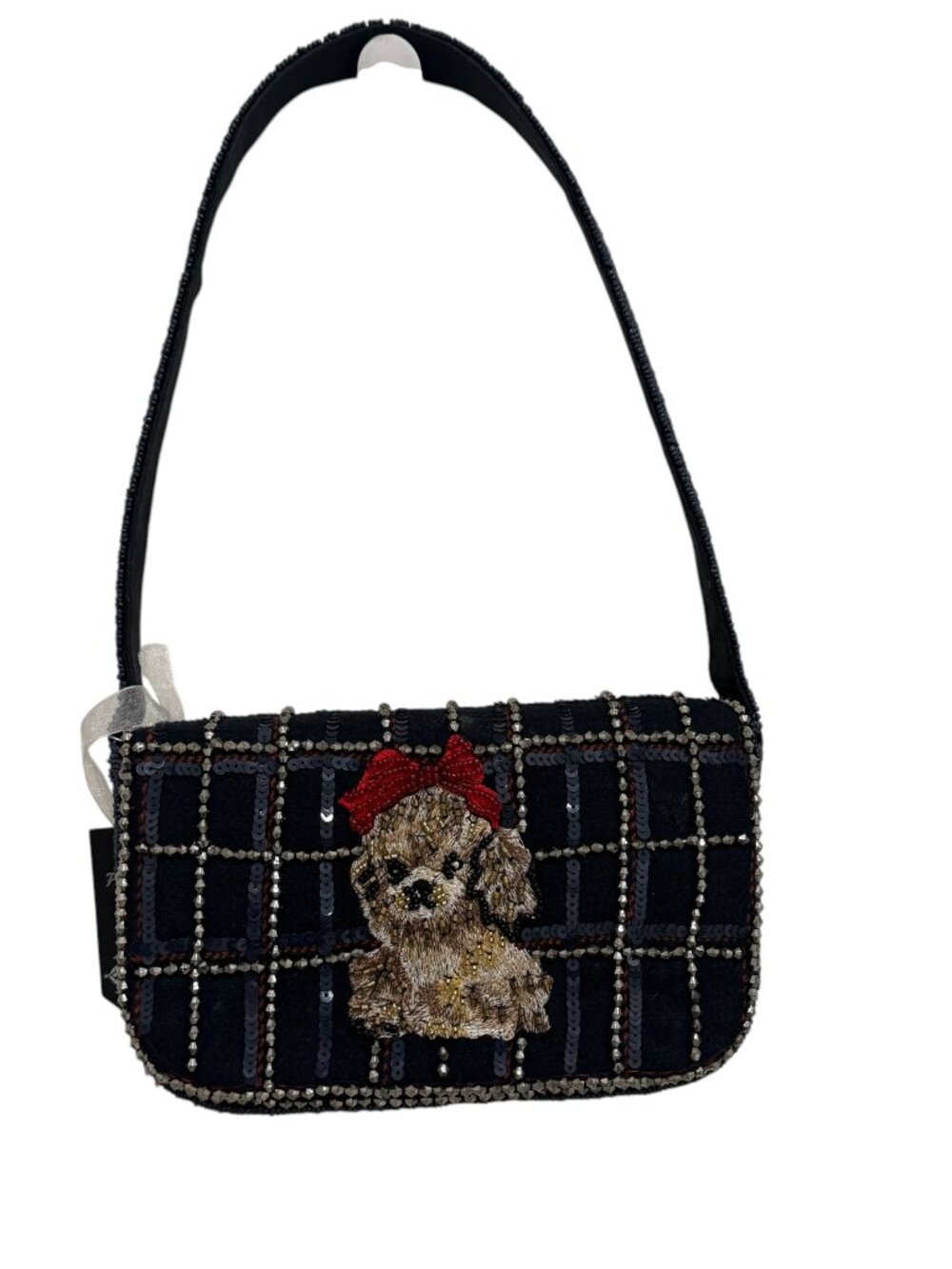 Puppy Dog Red Bow BeadedSequin Plaid Bag  Handmade India Navy Blue NWT